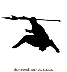vector drawing of a black silhouette on a white background. a samurai in a kimono in an epic pose holds a sharp spear in his hands. he bent his legs and prepared for a splashdown with a weapon. 2d art
