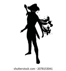 vector drawing of a black silhouette on a white background. a sorcerer in a hat with a magic cape stands in an epic pose, his chest thrust forward. he has a blade behind his back . 2d art