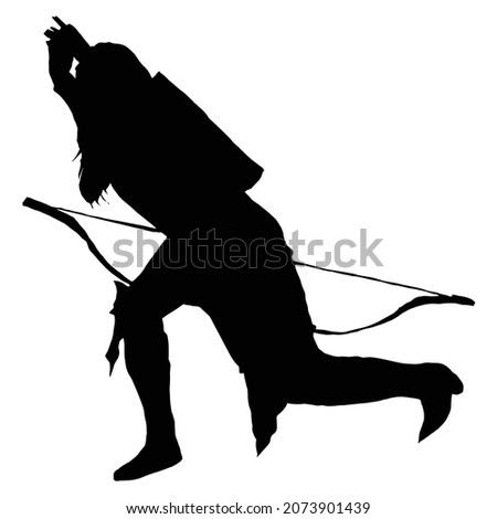 vector drawing of a black silhouette on a white background of a beautiful girl with long hair. she has a bow in her hand and a quiver of arrows on her back. she's sneaking around everywhere.2d art