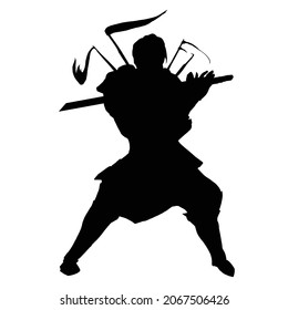 vector drawing of a black silhouette of a samurai with a sharp blade in his hands. The ninja is dressed in armor and has a mask on his face. holds a katana in a fighting stance for a strike. 2d art