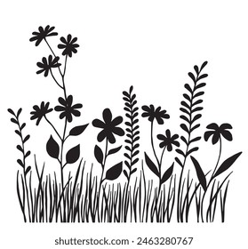 vector drawing, black silhouette of wildflowers and herbs. simple hand drawing