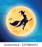 Vector drawing. A black silhouette of a witch flying on a broom against the background of the moon.