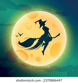 Vector drawing. A black silhouette of a witch flying on a broom against the background of the moon.