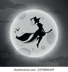 Vector drawing. A black silhouette of a witch flying on a broom against the background of the moon.