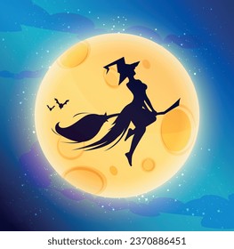 Vector drawing. A black silhouette of a witch flying on a broom against the background of the moon.