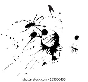Vector drawing of  black spider and mosquito against the background of blots and stains.