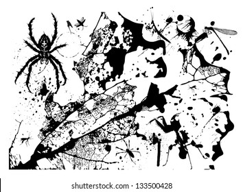 Vector drawing of  black spiders, mantis and dragonfly against the background of blots and stains.