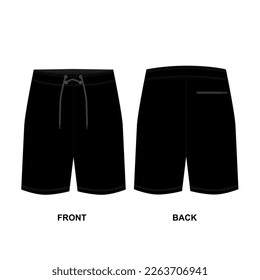 Vektorgrafik von schwarzen Sportshorts. Schwarze Männer schwimmen im vorderen und hinteren Bereich. Vorlage für trendige Sporthürzen über dem Knie zum Schwimmen, Laufen, Basketball, Boxen, etc.