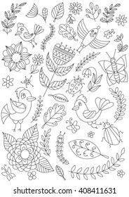 Vector drawing in black and white. Collection of flowers, bugs, butterflies, leaves and branches. Coloring book page.