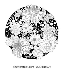 vector drawing black and white floral round compostion with dahlia flowers, hand drawn illustration,natural template