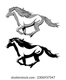 Vector drawing of black and white graphic horses in motion. The illustration is drawn for printing, for creating stamps, tattoos, as a coloring book, for design
