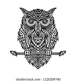 Vector drawing black and white illustration of ethnic sitting owl for t-shirt, tattoo, print and poster.