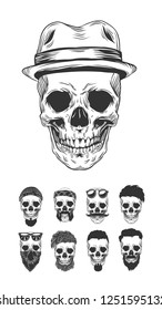 Vector drawing black and white illustration of skull in hat and set with haircut, beard and mustache in sunglasses and beanie, isolated on background