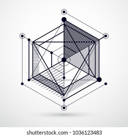 Vector drawing of black and white industrial system created with lines and 3D cubes. Modern geometric composition can be used as template and layout. 