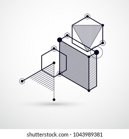 Vector drawing of black and white industrial system created with lines and 3D cubes. Modern geometric composition can be used as template and layout. 
