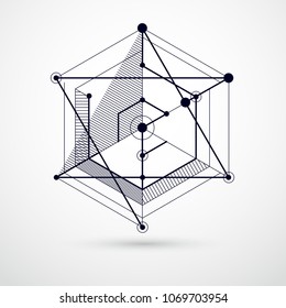 Vector drawing of black and white industrial system created with lines and 3D cubes. Modern geometric composition can be used as template and layout. 