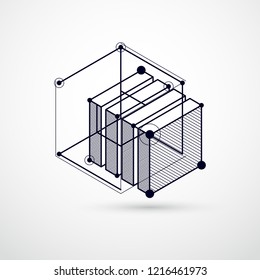 Vector drawing of black and white industrial system created with lines and 3D cubes. Modern geometric composition can be used as template and layout. 