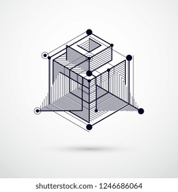 Vector drawing of black and white industrial system created with lines and 3D cubes. Modern geometric composition can be used as template and layout. 