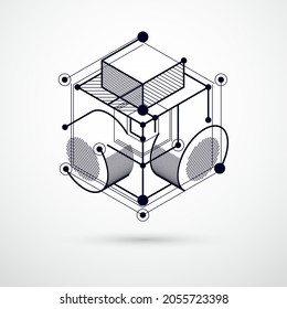 Vector drawing of black and white industrial system created with lines and 3D cubes. Modern geometric composition can be used as template and layout. 