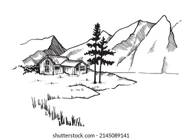 vector drawing, black and white landscape, graphics, engraving. rural house, lake shore and mountains. Alpine meadows. vintage style illustration