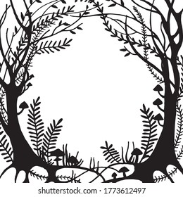 
vector drawing, black and white magic forest frame. silhouette of a fabulous, magical forest. design for halloween. frame for cards, books.