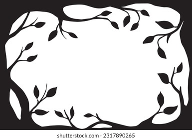 vector drawing, black and white magic forest frame. silhouette of a fabulous, magical forest. design for halloween. frame for cards, books.