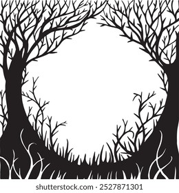 vector drawing, black and white magic forest frame. silhouette of a fabulous, magical forest. design for halloween. frame for cards, books