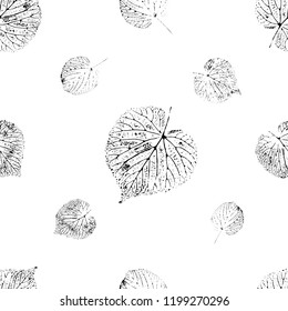 Vector drawing. Black and white pattern of leaves, skeletons of leaves, prints of leaves.