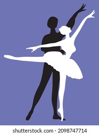 Dibujo vectorial de siluetas blancas y negras pareja de bailarines de ballet elegantes