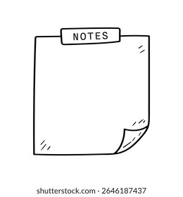 Vector drawing of a blank notes paper, with the word NOTES at the top and a curled bottom corner. The design is a simple hand drawn doodle
