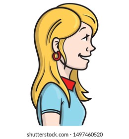 Vector drawing of a blond woman from the side who laughs.
