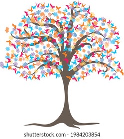 Vector drawing of blossoming tree with flowers and butterflies