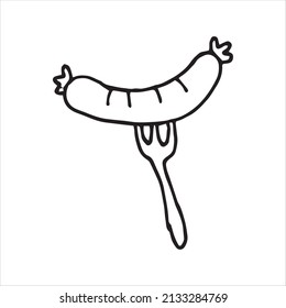 vector drawing in blowing style. grilled sausage on a fork. fried sausage. simple line drawing.