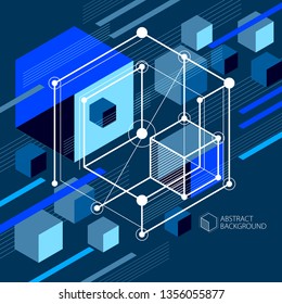Vector drawing of blue black industrial system created with lines and 3D cubes. Modern geometric composition can be used as template and layout. 