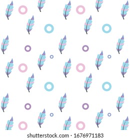 Vector drawing blue feather and circles. Рattern. 