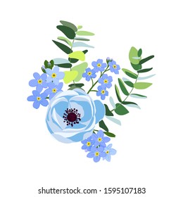 vector drawing blue flowers of anemone and forget-me-nots, isolated floral elements at white background, hand drawn illustration