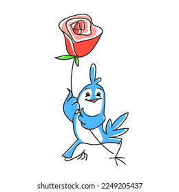 vector drawing with blue happy bird and red rose. Can be used for valentine's day greetings, love messages, or sorry. Character design