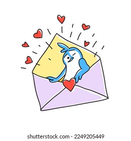 dibujo vectorial con pájaro azul feliz en la carta. Se puede usar para saludos del día de San Valentín, mensajes de amor o perdón. Diseño de caracteres