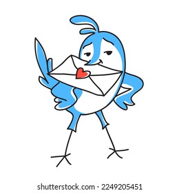 vector drawing with blue happy bird and letter. Can be used for valentine's day greetings, love messages, or sorry. Character design