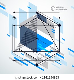 Vector drawing of blue industrial system created with lines and 3D cubes. Modern geometric composition can be used as template and layout. 