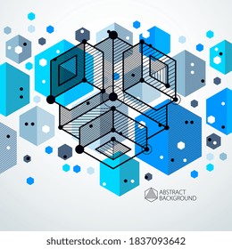 Vector drawing of blue industrial system created with lines and 3D cubes. Modern geometric composition can be used as template and layout. 