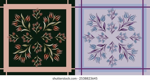 Vector drawing of a blue and orange tulip patterned scarf model on a black and light blue background