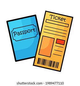 Vektorgrafik eines blauen Reisepasses und Bordkarte. Ticket und Reisepass. Cartoon-Zeichnung von Reisedokumenten einzeln auf weißem Hintergrund. Vektorgrafik.