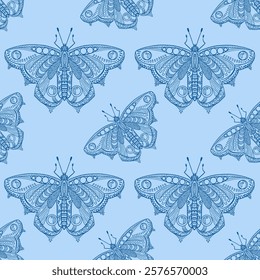 Vector drawing in blue pattern. Intricate zentangle with lace elements. Seamless lace pattern with butterflies. Romantic pattern, imitation lace. Gothic embroidery. Luxurious baroque.