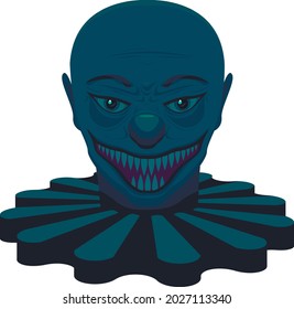 Vector drawing of blue scary creepy clown with big teeth and mouth. Halloween.