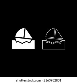Vector drawing  boat on the water, color white, flat style