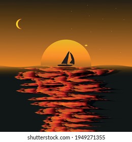 Vector drawing of boat silhouette design in the middle of the sea at dusk