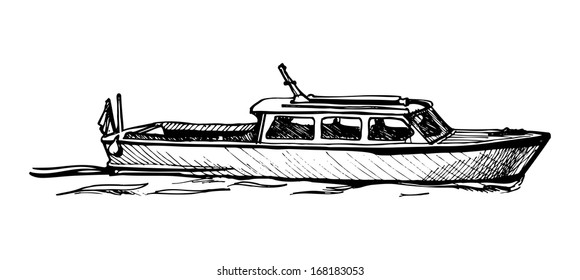 Vector drawing of boat stylized as engraving.