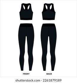 Vector drawing of a body-hugging women's tracksuit. Pattern of long leggings and sports bra in black. Leggings and bra front and back view, vector.