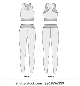 Vector drawing of a body-hugging women's tracksuit. Outline vector template of long leggings and sports bra front and back view. Leggings and bras for sports - jogging, fitness, yoga, Pilates, etc.